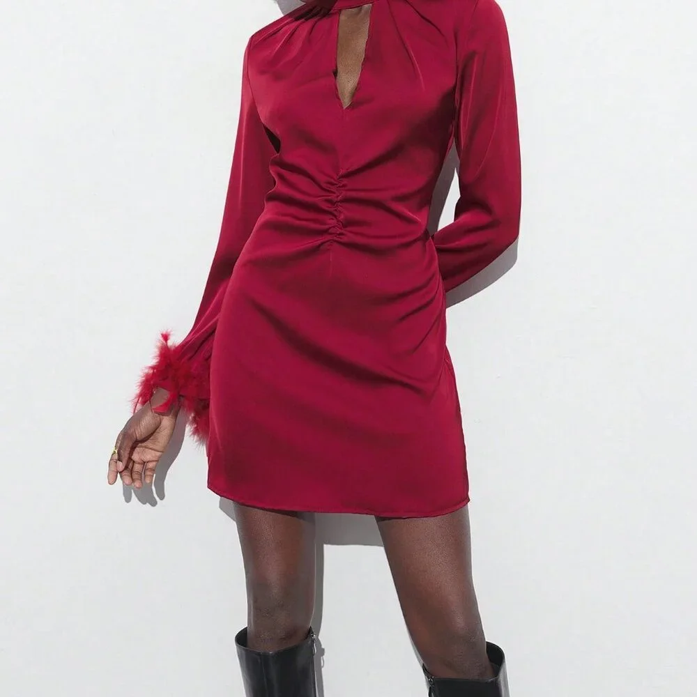 Burgundy Elegant Women's Hollow Feather Cuff Ruched Dress - Picture 3 of 6